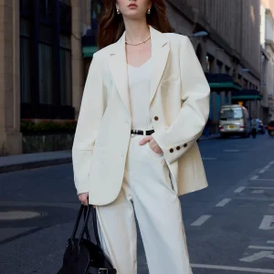 FSLE Women Beige Blazer Coats 2025 Spring New Casual Commuter Loose Blazer Notched Collar Single Breasted Jackets 25FS11064