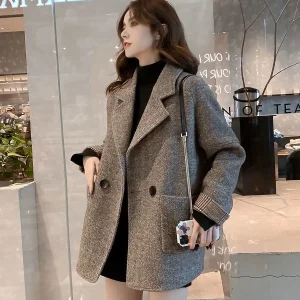 Woolen Suit Jacket for Women New Korean Loose Casual Blazers Thick Autumn Winter Korean Pocket Turndown Collar Women's Coat