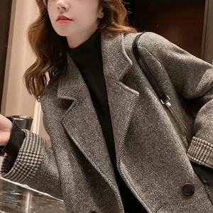 Women's Woolen Suit Jacket Korean Turndown Collar Loose Casual Blazer with Pocket Thick Autumn Winter Coat