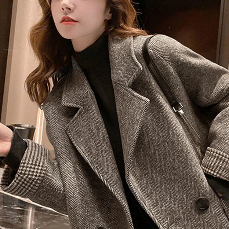 Women's Woolen Suit Jacket Korean Turndown Collar Loose Casual Blazer with Pocket Thick Autumn Winter Coat