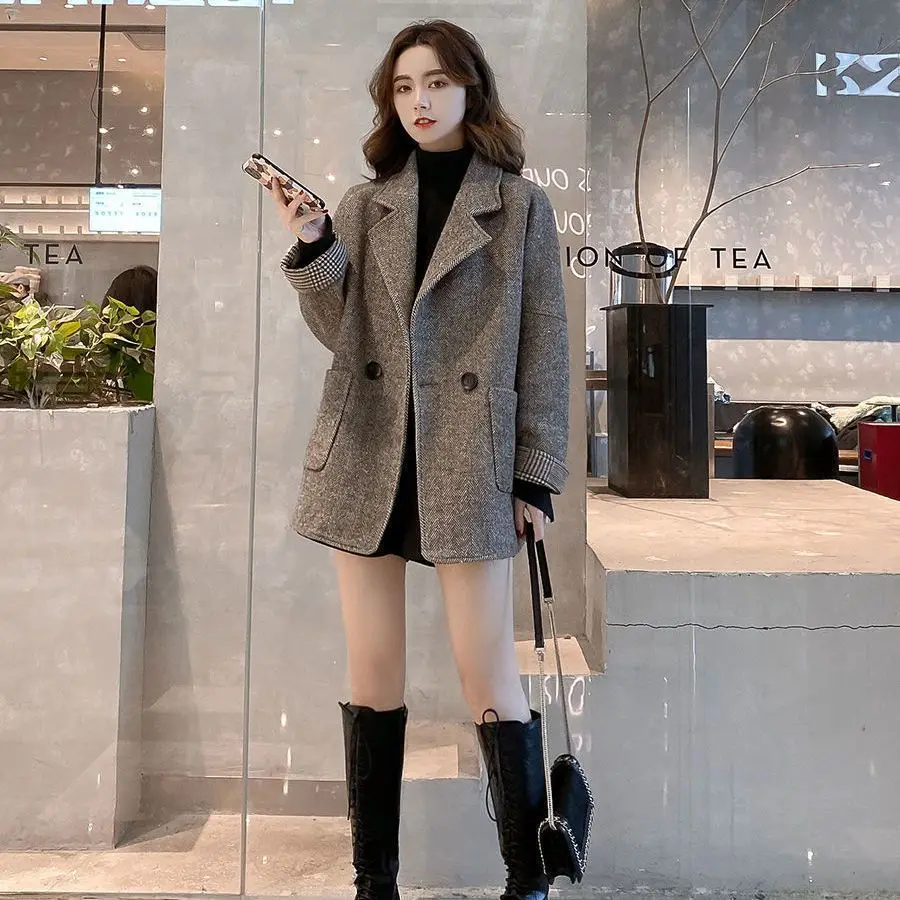 Women's Woolen Suit Jacket Korean Turndown Collar Loose Casual Blazer with Pocket Thick Autumn Winter Coat - Image 2