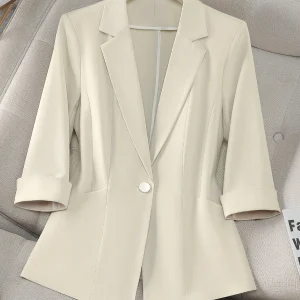 Slim-Fit Three-Quarter Sleeve Notch Lapel Single-Button Blazer - Minimalist Elegant Casual Commuter Fashion Jacket