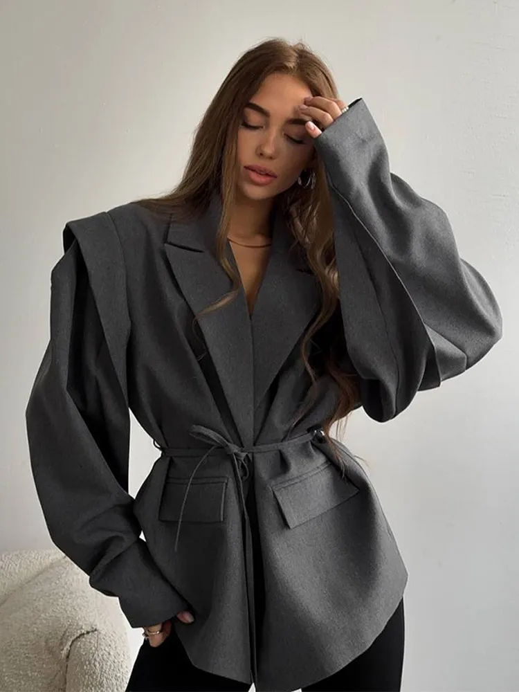 Fashion Solid Lace Up Blazer Women Lapel One Button Loose Waist Cinching Short Coat 2025 Autumn Office Lady Commute Outerwear - Image 5