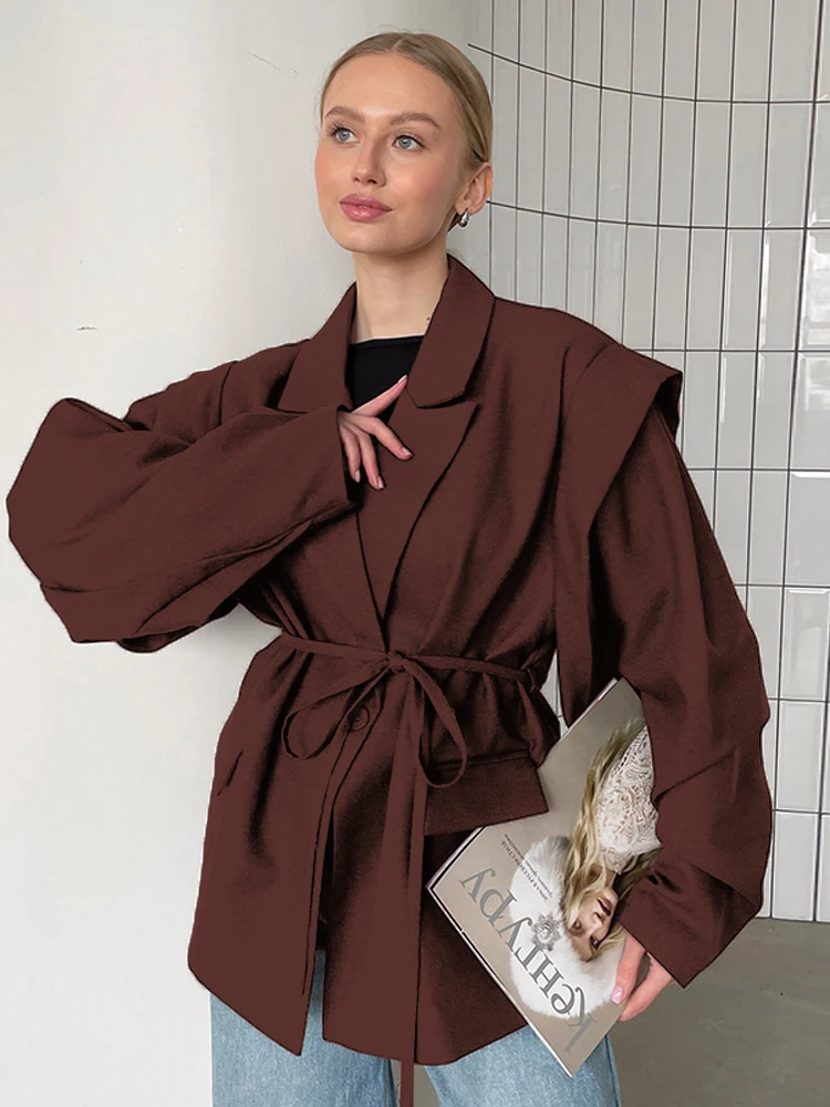 Fashion Solid Lace Up Blazer Women Lapel One Button Loose Waist Cinching Short Coat 2025 Autumn Office Lady Commute Outerwear - Image 2