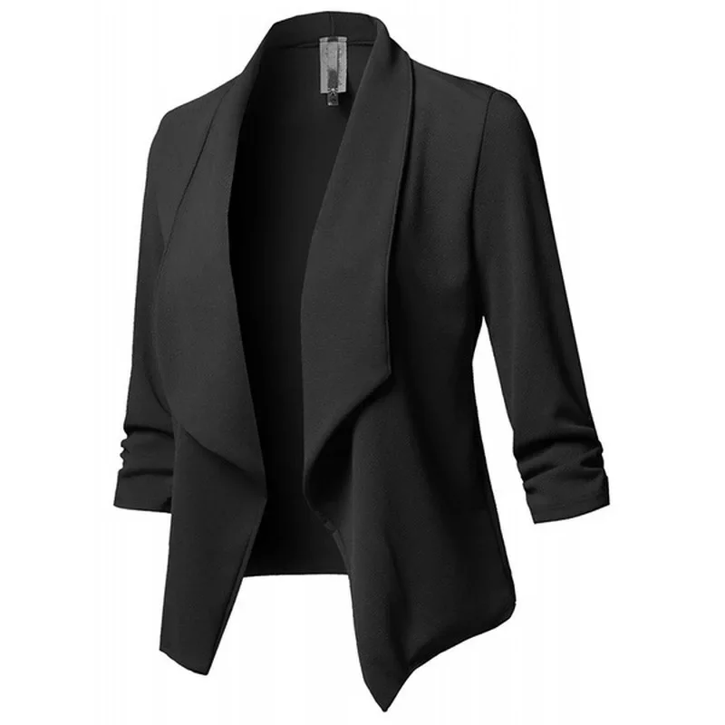 Women Black Thin Blazer Cardigan Coat 2025 Long Sleeve Female Blazers and Jackets Ruched Asymmetrical Casual Business Suit Lady