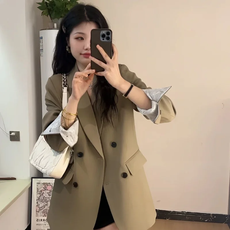 Lace Splicing Blazer Korean Style Loose Solid Color Button Women's Long-sleeved Cardigan Top - Image 2