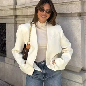 Vintage Women White Casual Blazer Jackets 2025 Fashion Ladies Elegant V Neck Suits for Female Chic Clothes Outfits Cute Tops