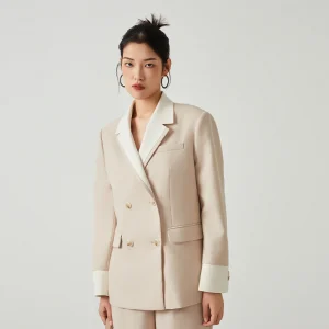 K2547W Designer Style Women’s Wool Blazer Dual-Tone Splicing Lapel Jacket Premium Wool Blend Coat