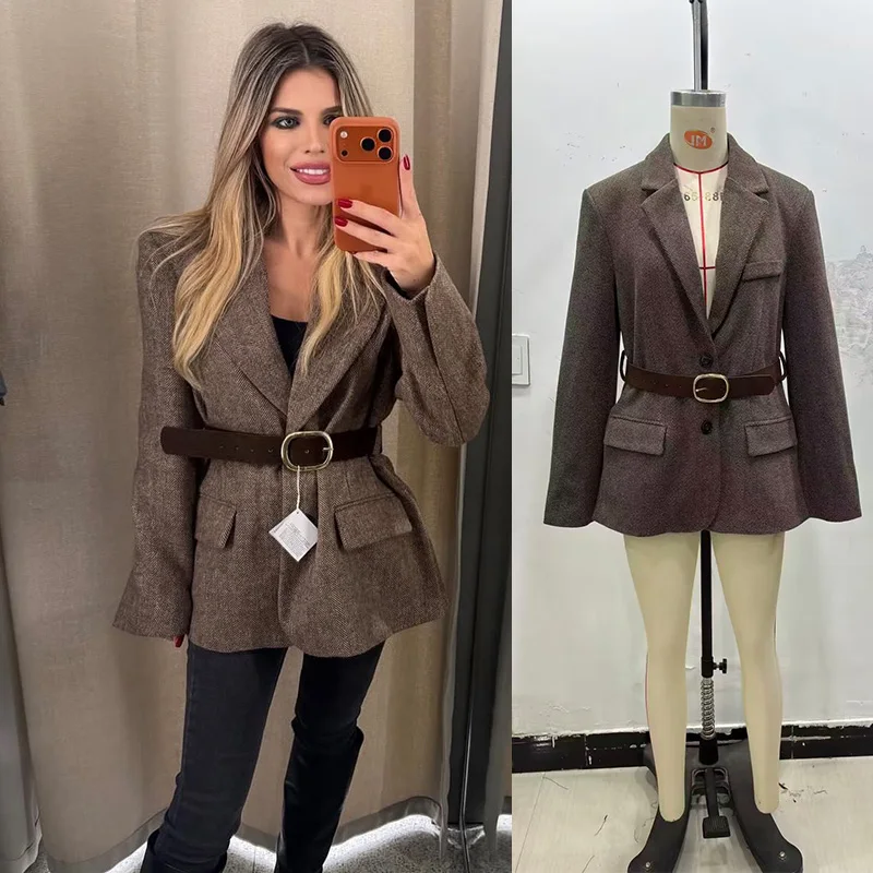 2026 Woman's Brown Streetwear Blazer Fashion With Belt Pocket Fit Coat Women Commuting Thicken Herringbone Texture Suit Tops - Image 4