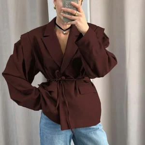 Fashion Solid Lace Up Blazer Women Lapel One Button Loose Waist Cinching Short Coat 2025 Autumn Office Lady Commute Outerwear