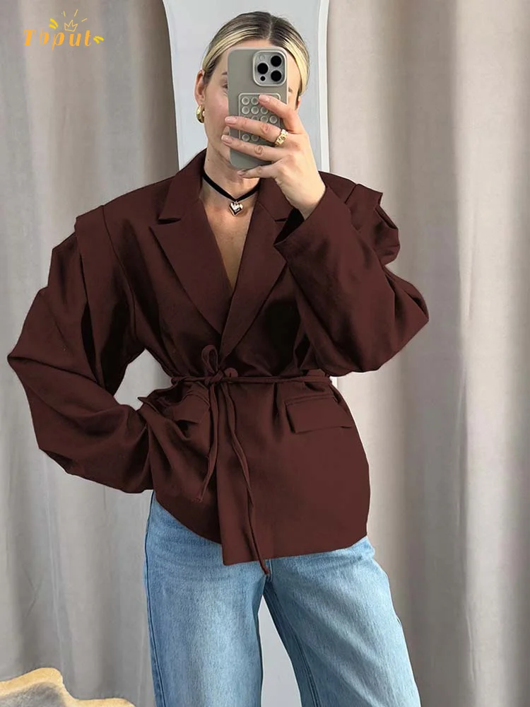 Fashion Solid Lace Up Blazer Women Lapel One Button Loose Waist Cinching Short Coat 2025 Autumn Office Lady Commute Outerwear