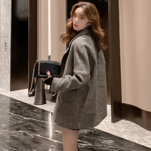 Women's Woolen Suit Jacket Korean Style Pocket Turndown Collar Loose Casual Blazer Thick for Autumn Winter