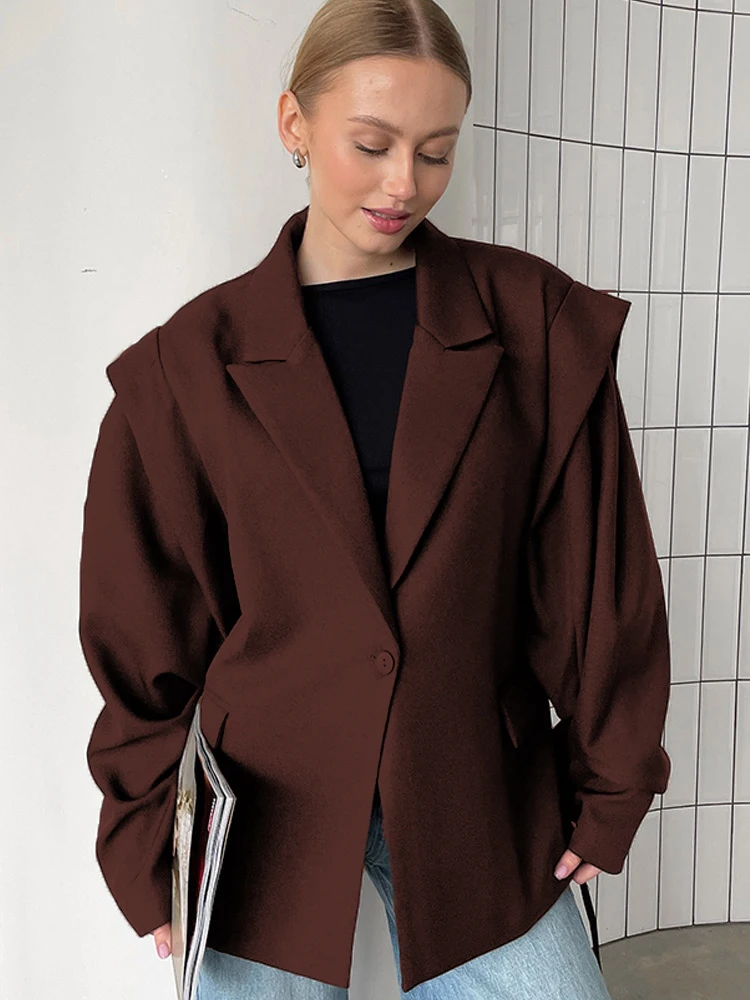 Fashion Solid Lace Up Blazer Women Lapel One Button Loose Waist Cinching Short Coat 2025 Autumn Office Lady Commute Outerwear - Image 3