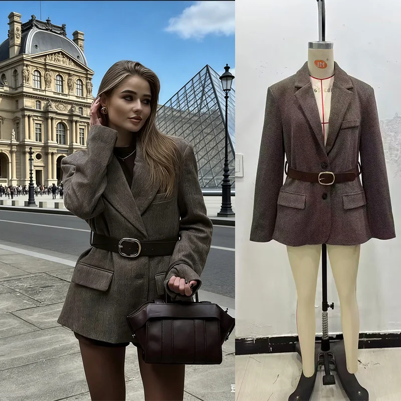 2026 Woman's Brown Streetwear Blazer Fashion With Belt Pocket Fit Coat Women Commuting Thicken Herringbone Texture Suit Tops - Image 3