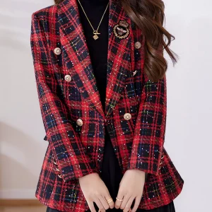 Women's High-End Red Plaid Double-Breasted Blazer Heavy Wool Tweed Casual Top Textured Fall/Winter Christmas Outfit
