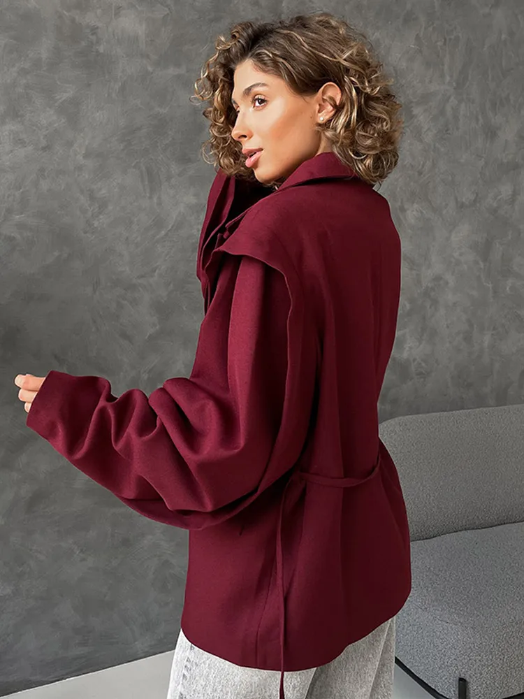 Fashion Solid Lace Up Blazer Women Lapel One Button Loose Waist Cinching Short Coat 2025 Autumn Office Lady Commute Outerwear - Image 6