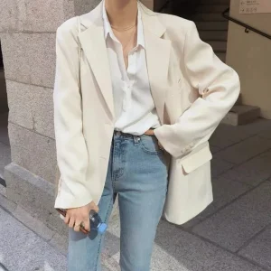 Spring Autumn White Women's Blazer 2025 New Long Sleeve Single Breasted Korean Casual Loose Outwear Female